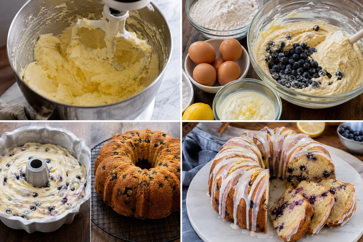 Four stages showing butter creamed, blueberries folded into batter, Bundt cake baked, and cooled cake glazed and sliced