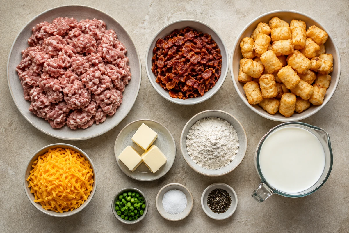 Breakfast sausage, bacon crumbles, frozen tater tots, cheddar, butter, flour, milk, salt, pepper, and green onions
