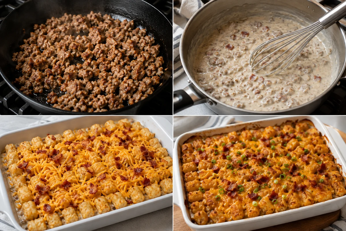 Four stages showing sausage browned, gravy whisked, tots bacon and cheddar layered, and casserole baked golden