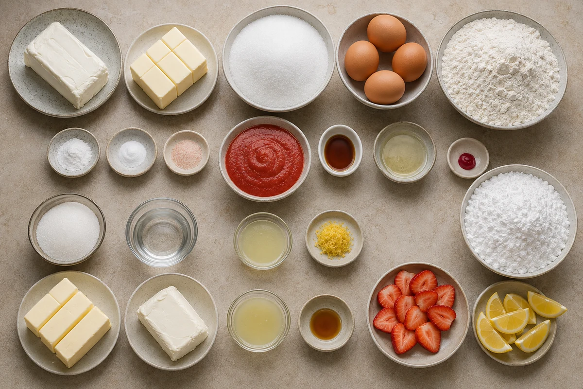Cream cheese, butter, sugar, four eggs, cake flour, strawberry puree, lemon syrup and frosting ingredients, strawberries, and lemon wedges