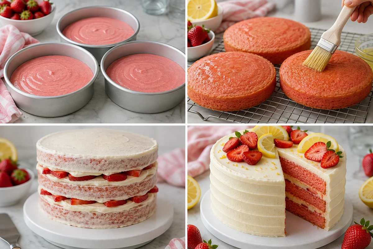 Four stages showing three pans of strawberry batter, layers brushed with lemon syrup, cake assembled and crumb coated, and finished cake decorated