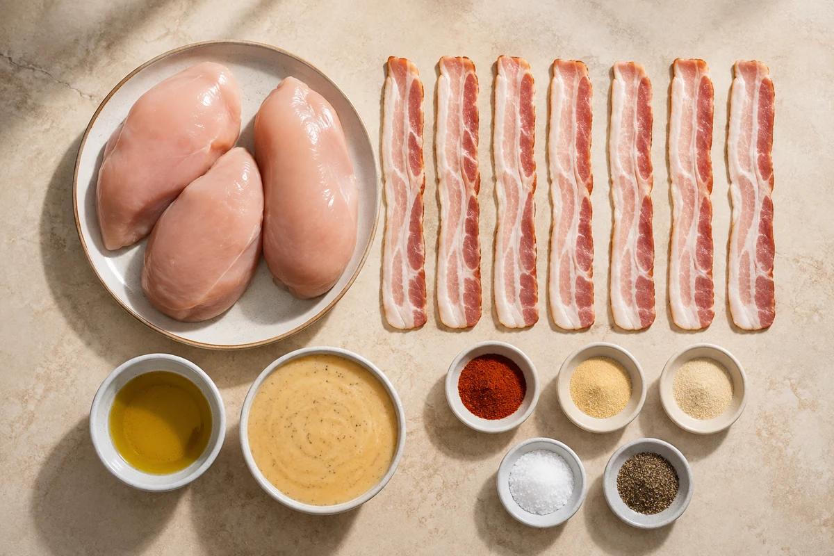 Three chicken breasts, seven bacon slices, olive oil, garlic Parmesan wing sauce, and five seasonings