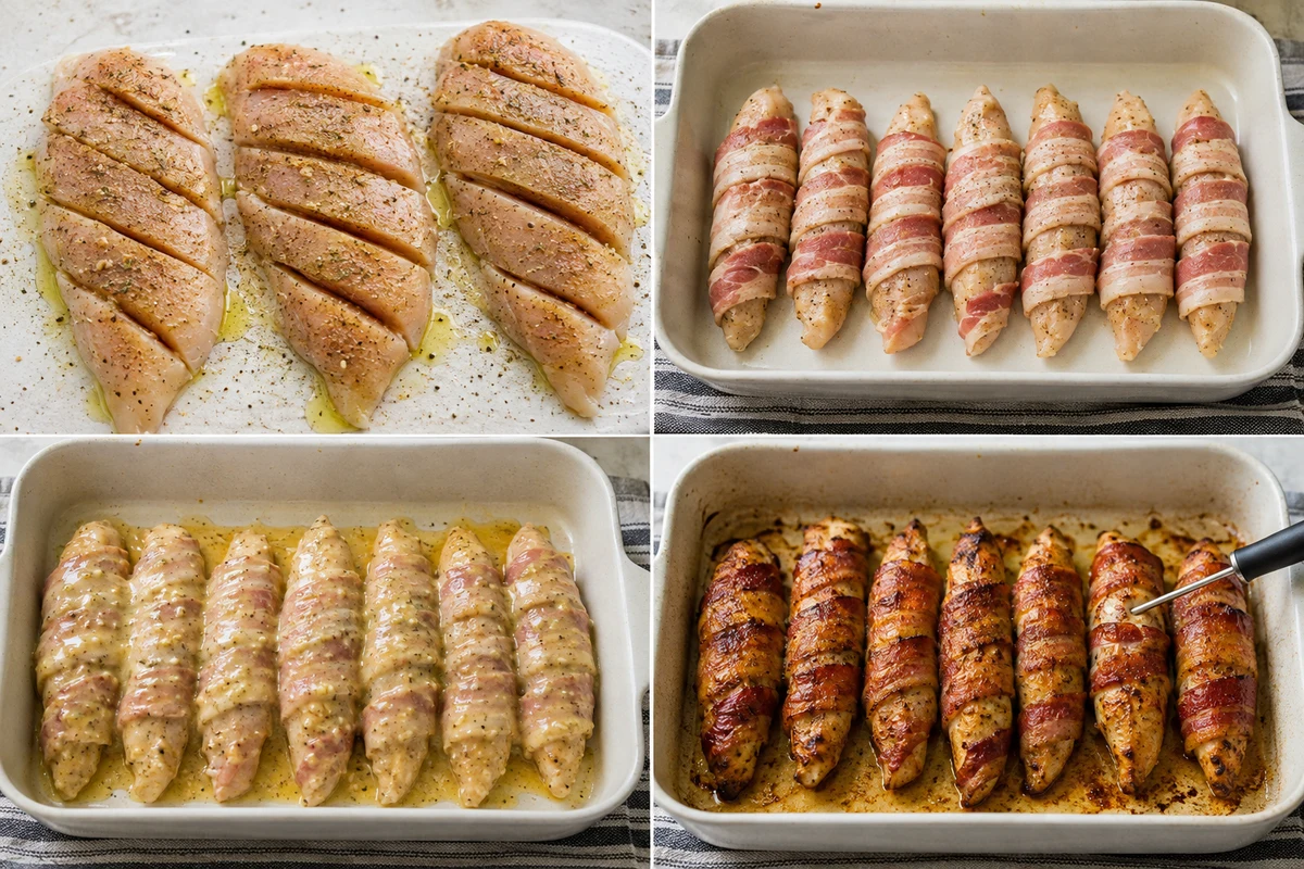Four stages showing seven chicken strips seasoned, wrapped in bacon, brushed with sauce, and baked until crisp