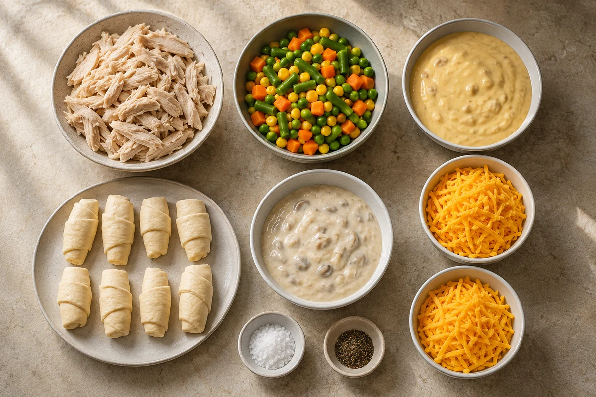 Shredded chicken, mixed vegetables, two condensed soups, eight crescent rolls, divided cheddar, salt, and pepper