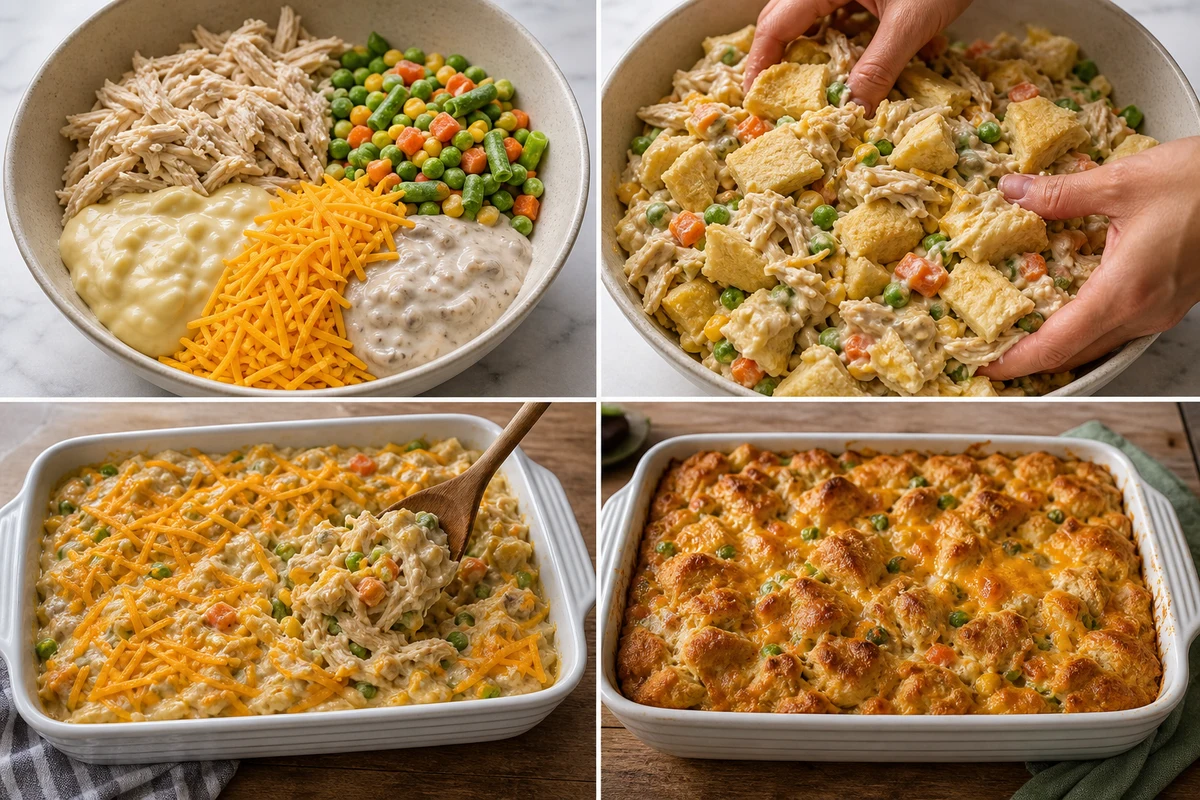 Four stages showing chicken filling mixed, crescent pieces folded in, casserole topped and stirred, and finished bubble-up baked golden