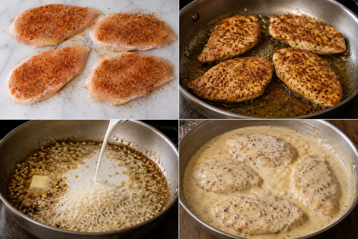 Four stages showing four cutlets seasoned, seared, garlic cream sauce prepared, and chicken coated in Parmesan sauce