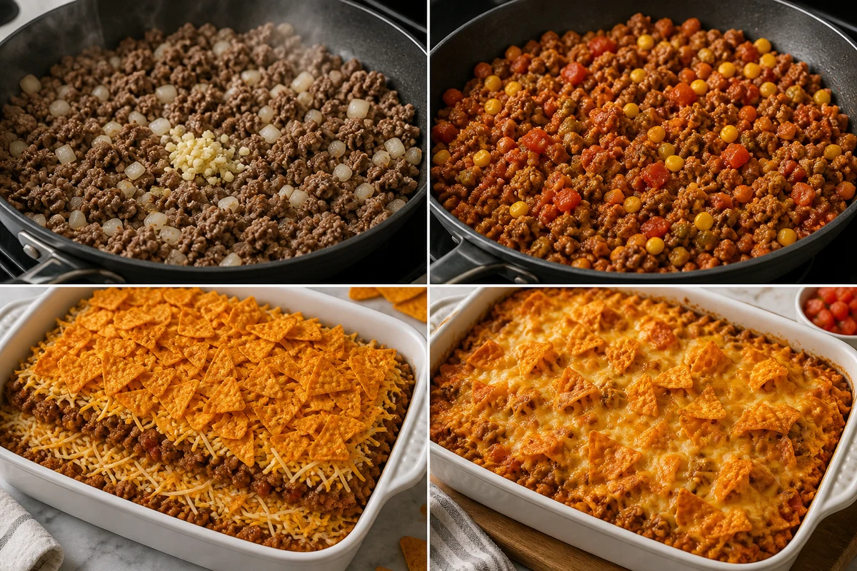 Four stages showing beef cooked, tomatoes and corn added, two layers assembled, and the casserole baked