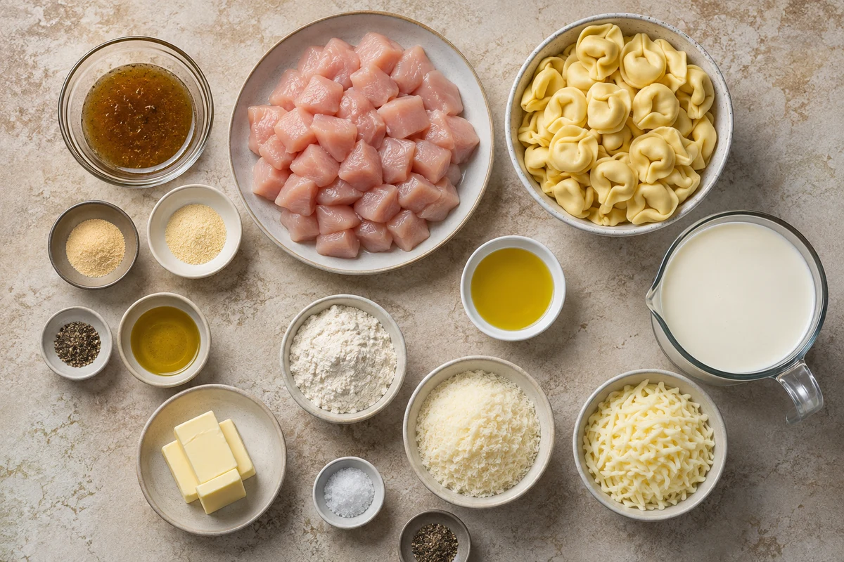 Diced chicken, Italian dressing, seasonings, tortellini, olive oil, butter, flour, cream, Parmesan, and mozzarella