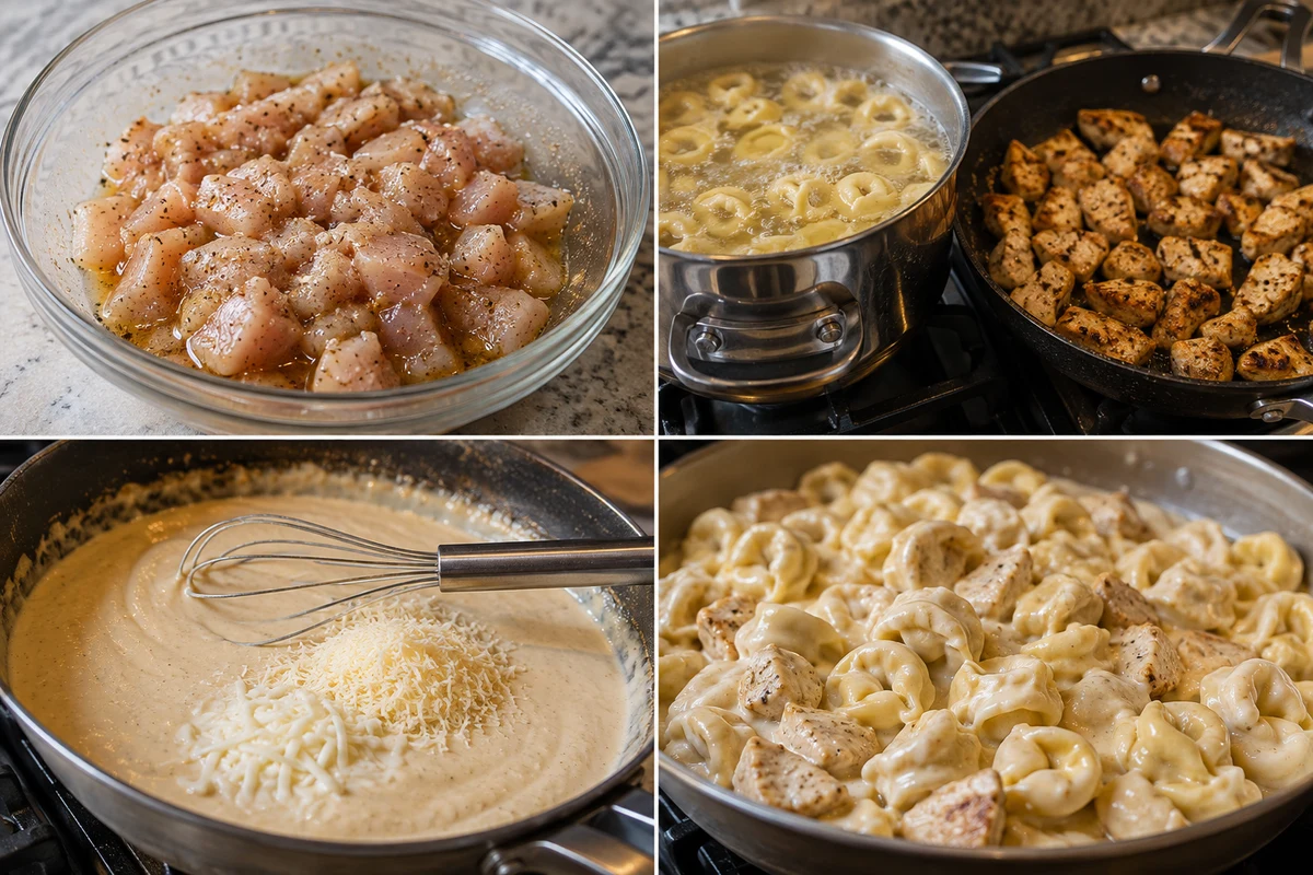 Four stages showing chicken marinated, tortellini and chicken cooked, cheese sauce made, and the completed dish combined