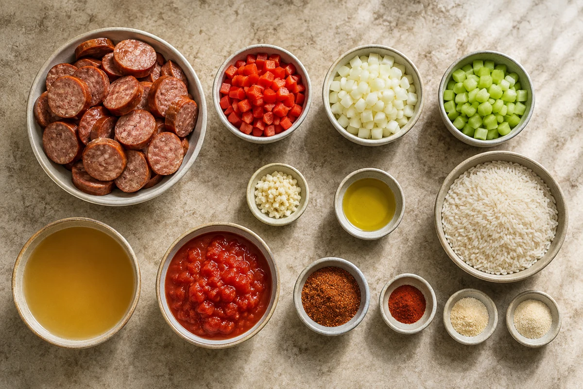 Cajun sausage, bell pepper, onion, celery, garlic, oil, white rice, broth, crushed tomatoes, and seasonings