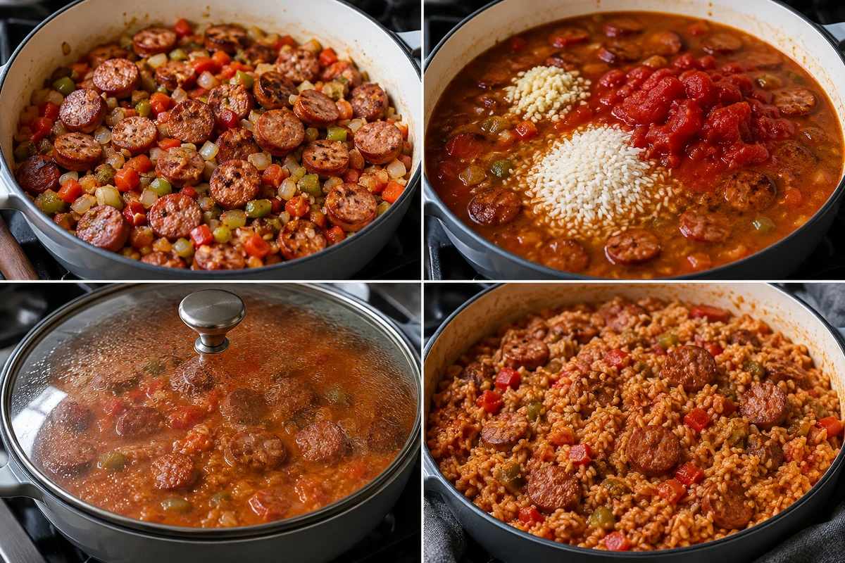 Four stages showing sausage and vegetables browned, rice and liquids added, skillet covered, and finished Cajun rice fluffed