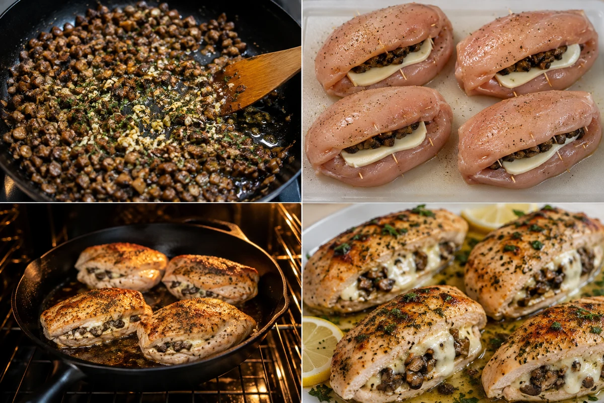 Four stages showing mushroom filling cooked, four breasts stuffed, chicken seared and baked, and finished stuffed chicken sauced