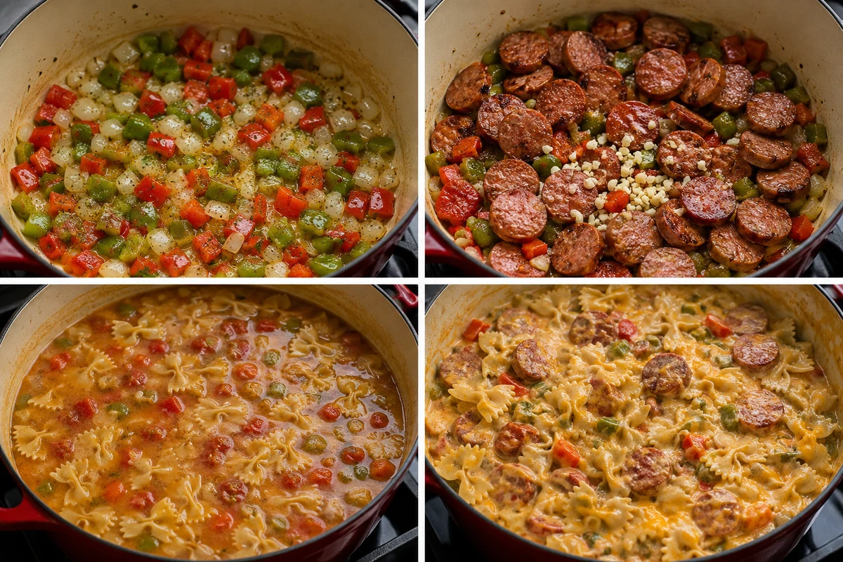 Four stages showing vegetables sauteed, sausage browned, bowtie pasta simmered in liquids, and two cheeses melted into the finished pot
