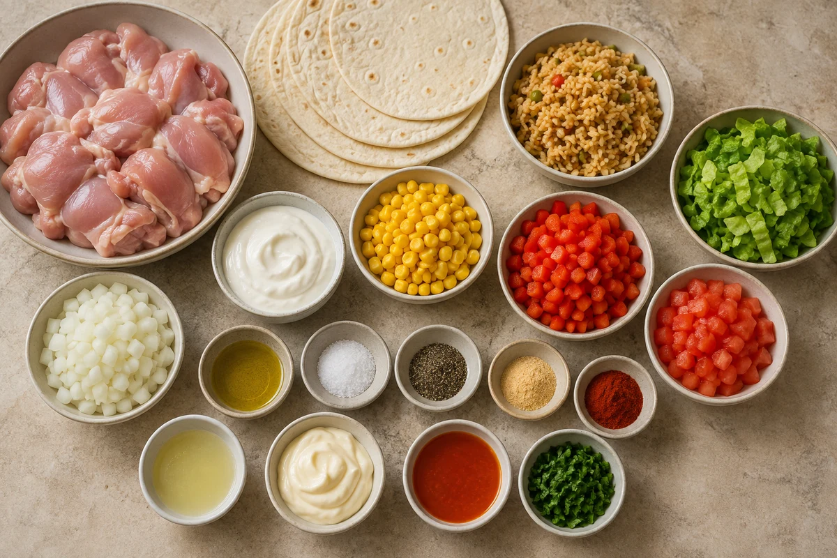 Chicken thighs, four tortillas, yogurt, fried rice, corn, onion, tomato, lettuce, pepper, marinade, and spicy sauce ingredients