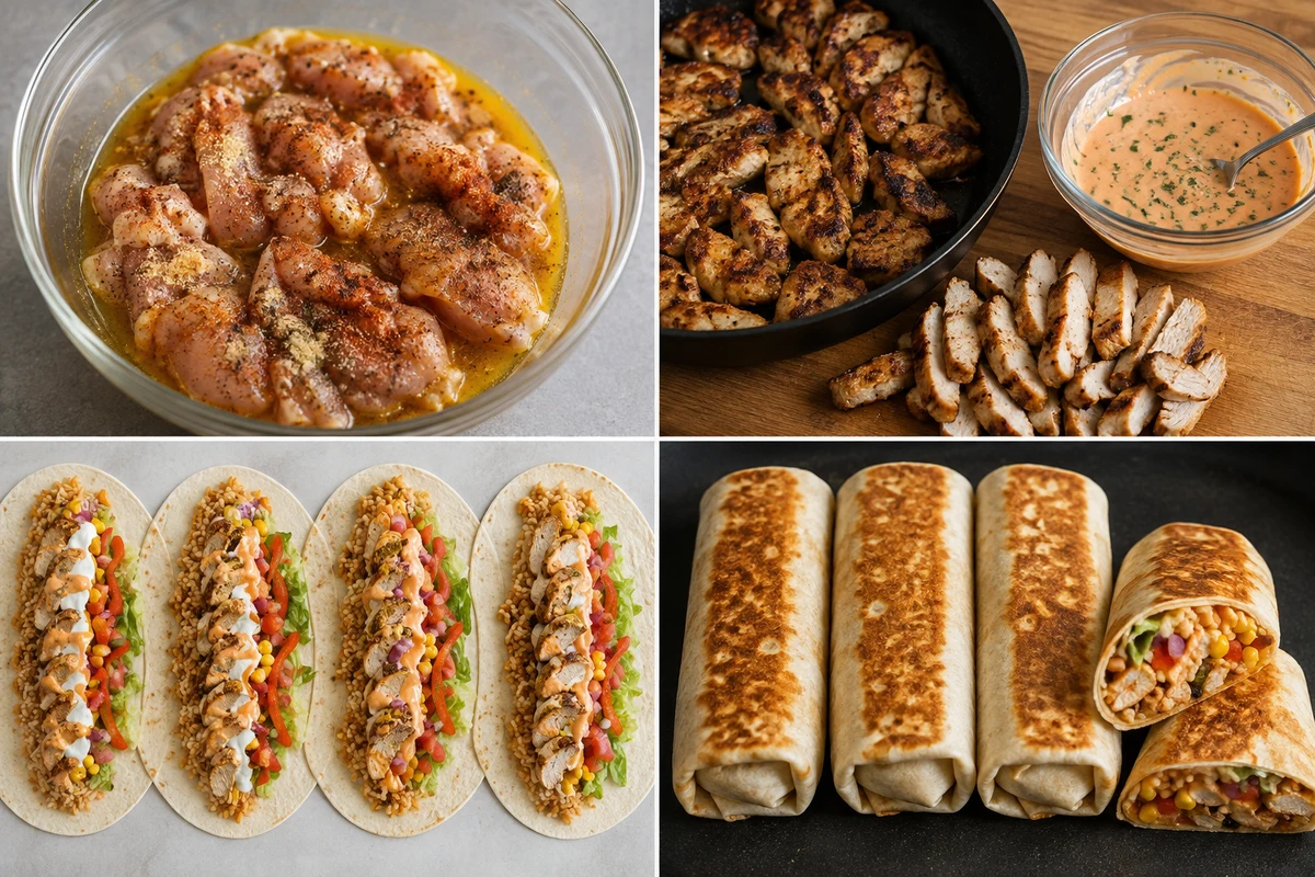Four stages showing chicken marinated and cooked, sauce mixed, four tortillas filled, and four burritos toasted