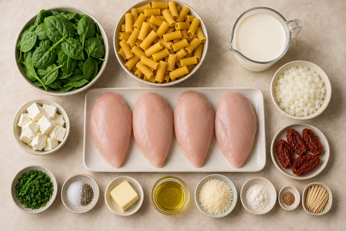 Four chicken breasts, cream cheese, five sun-dried tomatoes, parsley, rigatoni, spinach, onion, cream, Parmesan, and seasonings