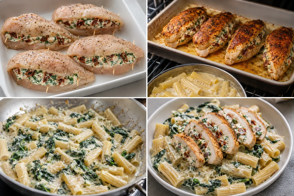 Four stages showing chicken stuffed, seared and baked, spinach rigatoni prepared, and sliced chicken served over pasta