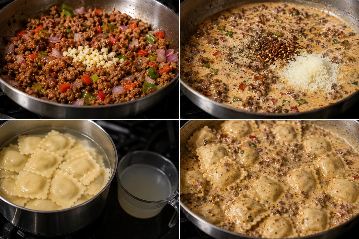Four stages showing sausage and vegetables cooked, cream sauce built, ravioli boiled, and pasta combined