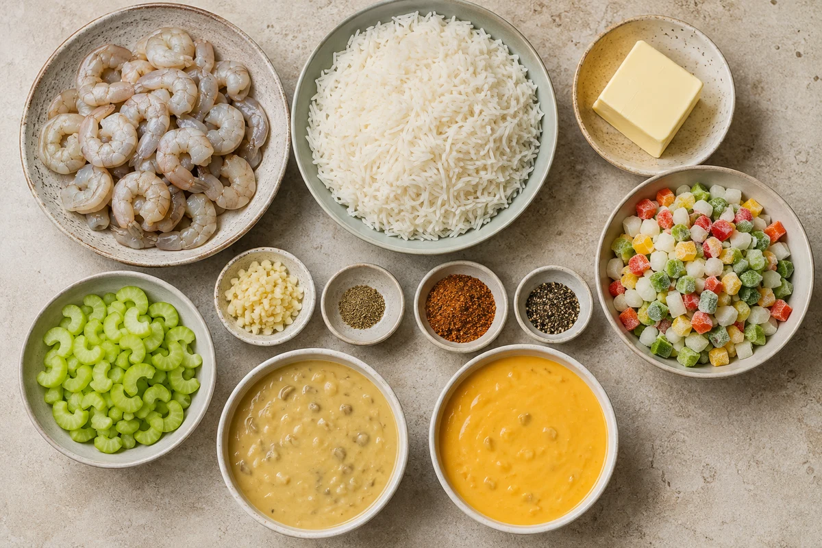 Raw shrimp, cooked basmati rice, butter, onion and pepper blend, celery, garlic, seasonings, and two condensed soups