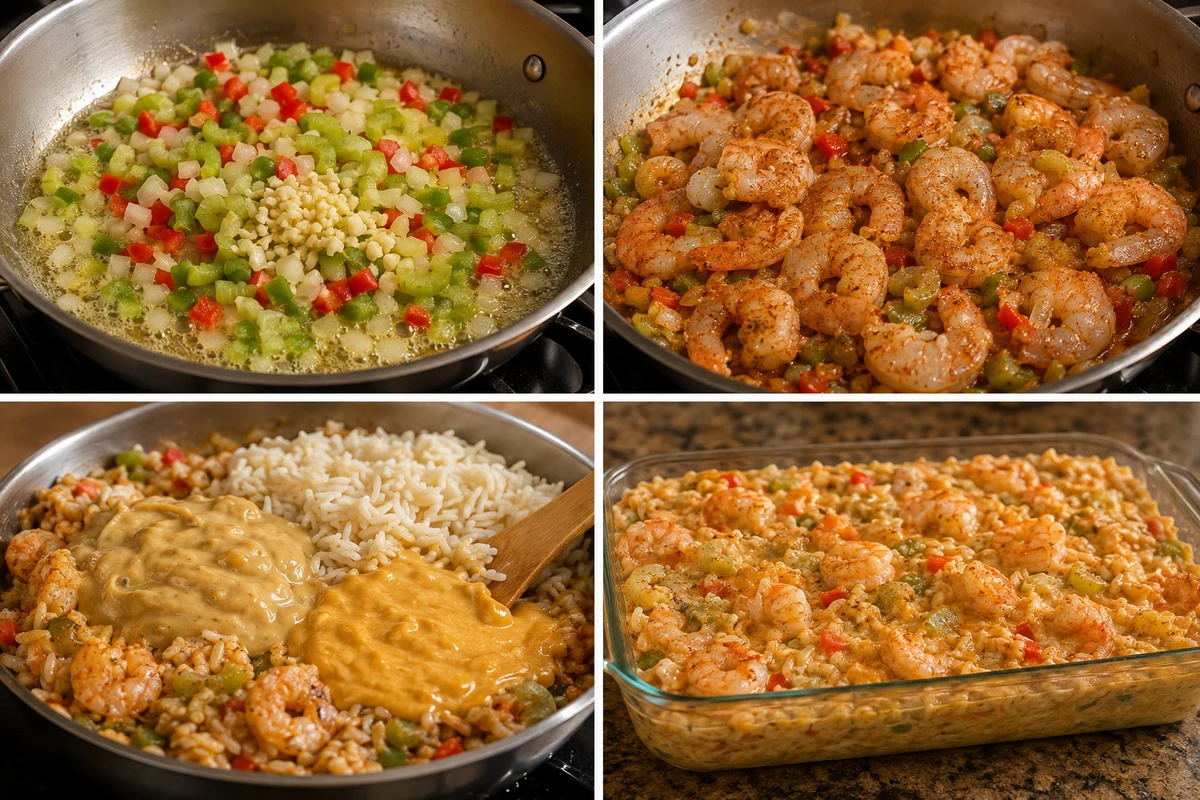Four stages showing vegetables sautéed, Cajun shrimp cooked, soups and rice folded in, and casserole baked