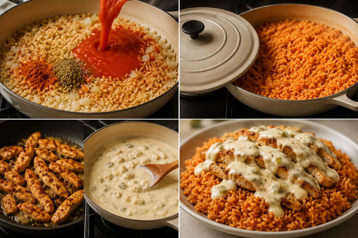 Four stages showing tomato rice cooked, seasoned chicken strips browned, queso sauce melted, and the dish plated