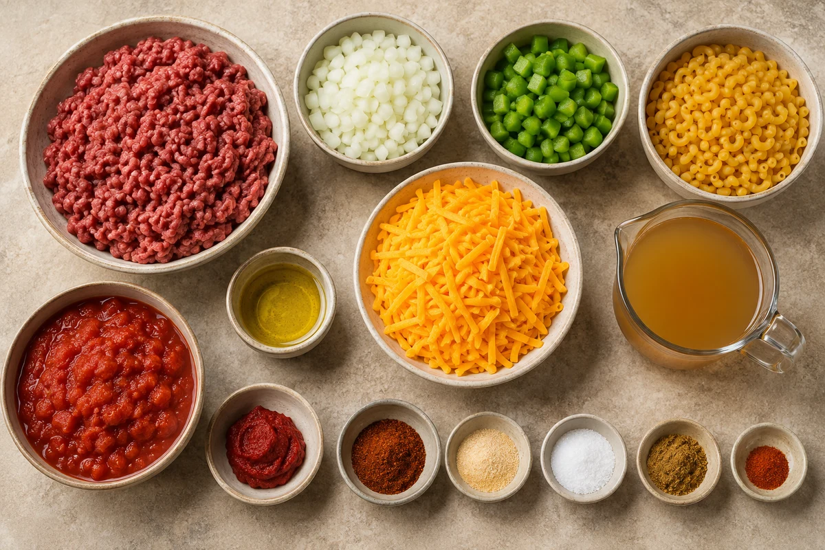 Ground beef, macaroni, cheddar, onion, green bell pepper, tomatoes, broth, and chili seasonings