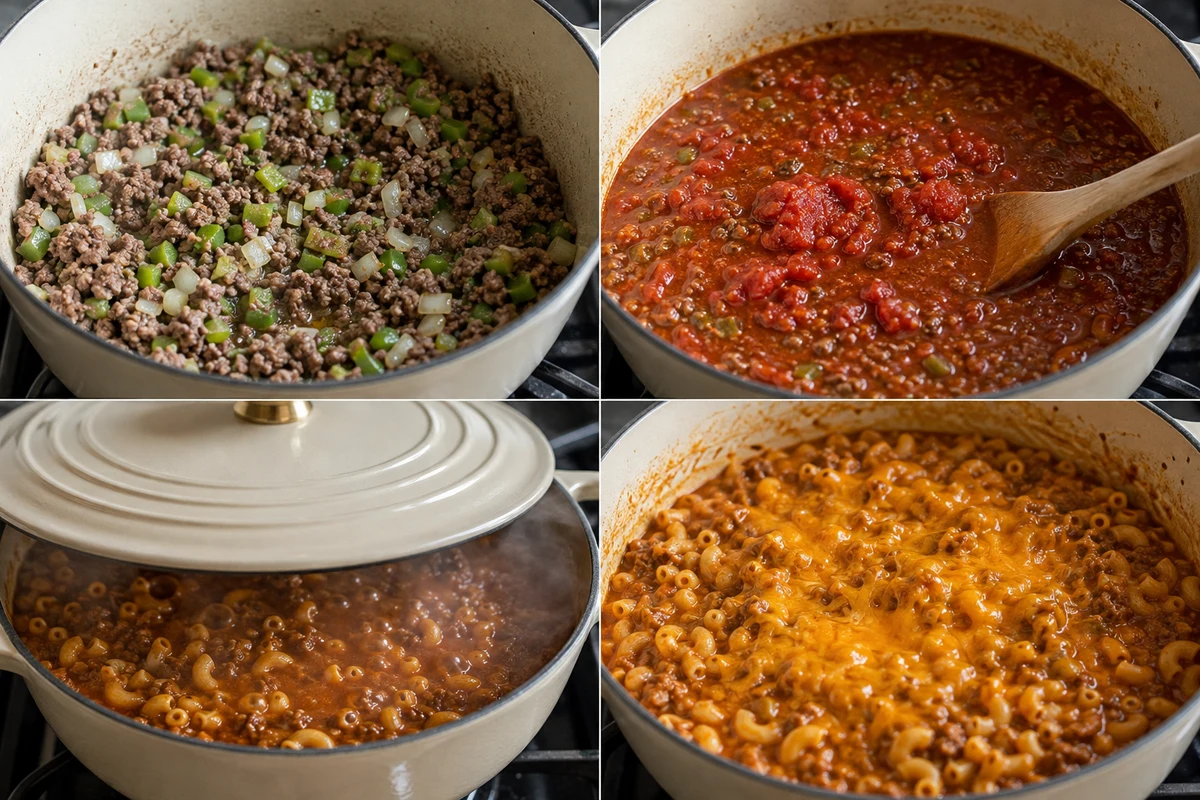 Four stages showing beef and vegetables browned, spices added, macaroni simmered, and cheddar folded in