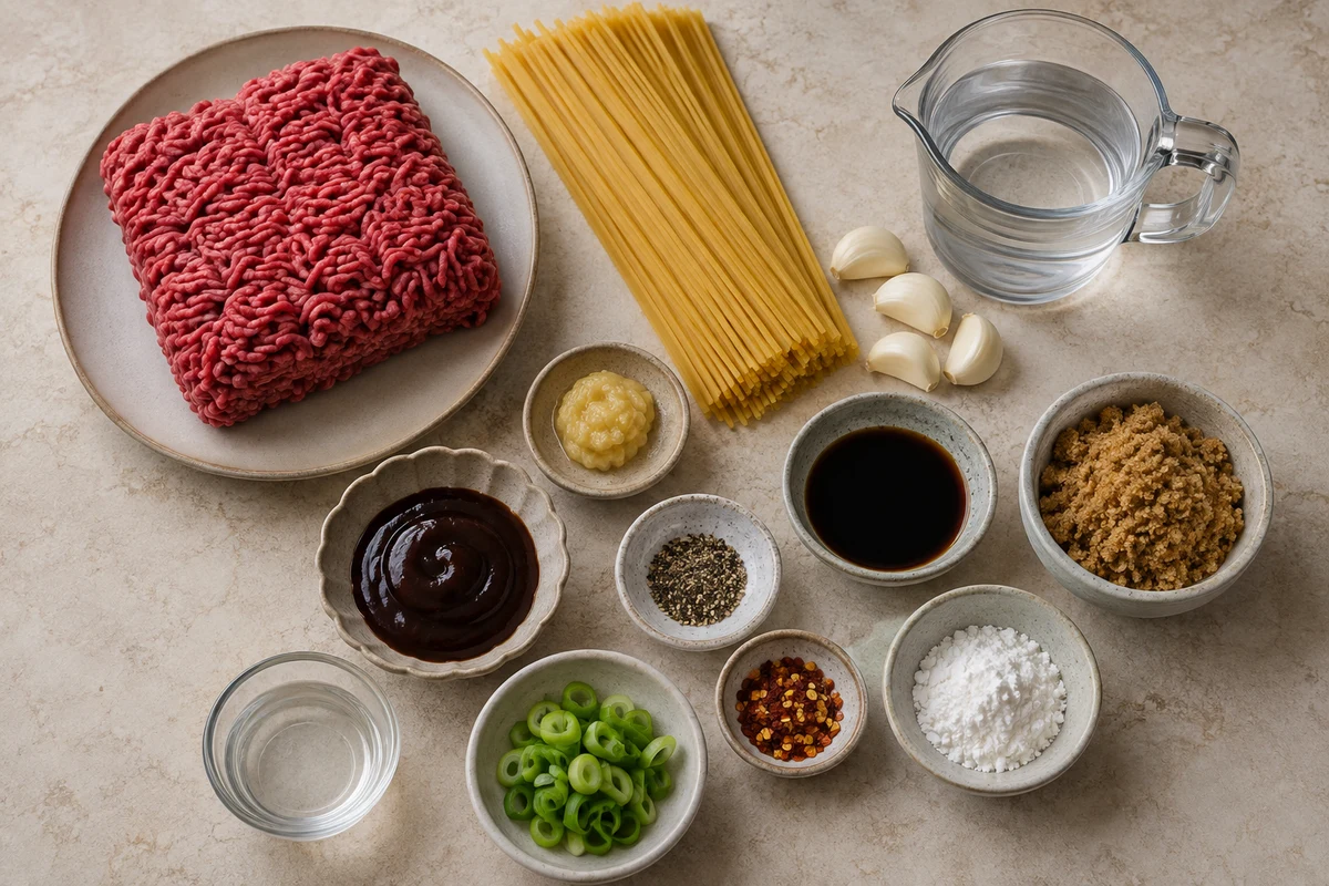 Ground beef, linguine, garlic, soy sauce, brown sugar, hoisin, ginger, cornstarch, and garnishes