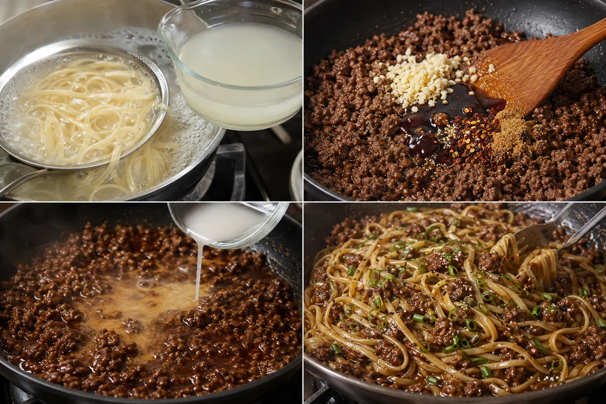 Four stages showing linguine cooked, beef and garlic browned, Mongolian sauce thickened, and noodles tossed