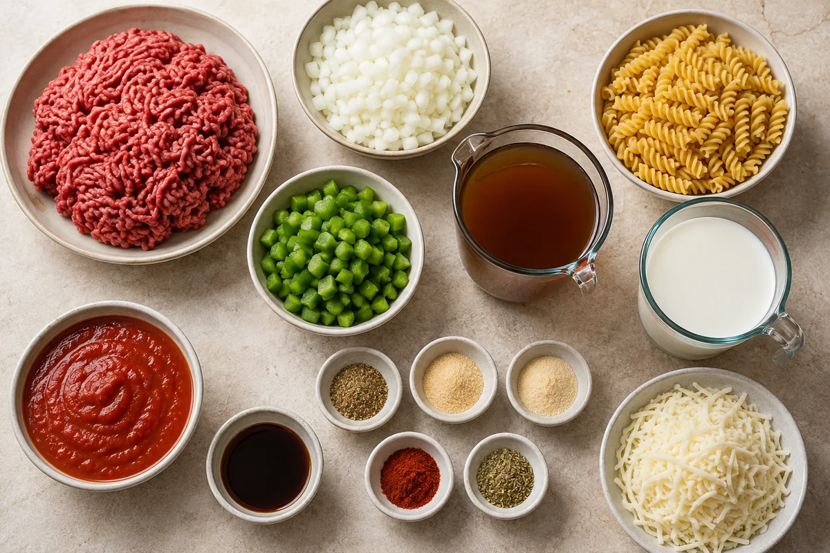 Ground beef, onion, green pepper, spiral pasta, broth, milk, tomato and steak sauces, mozzarella, and seasonings