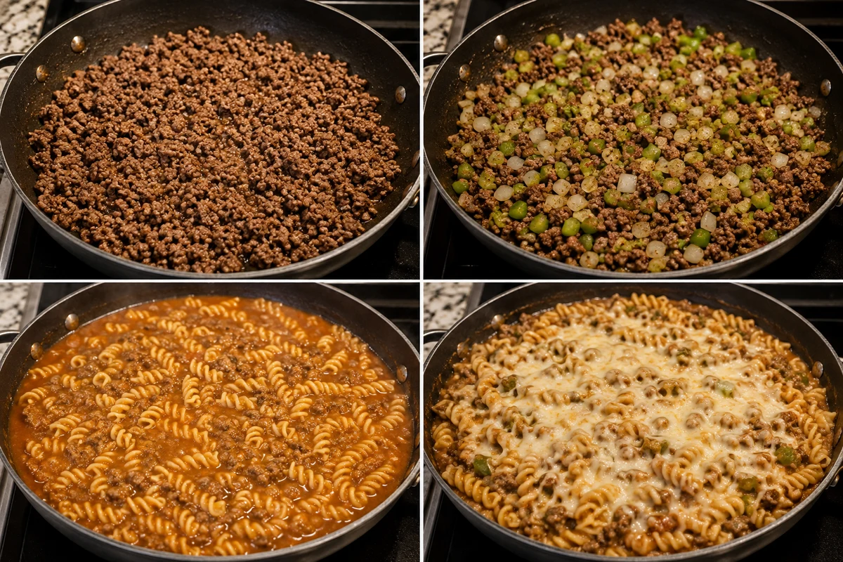 Four stages showing beef browned, onion and pepper cooked, spiral pasta simmered in sauce, and mozzarella melted