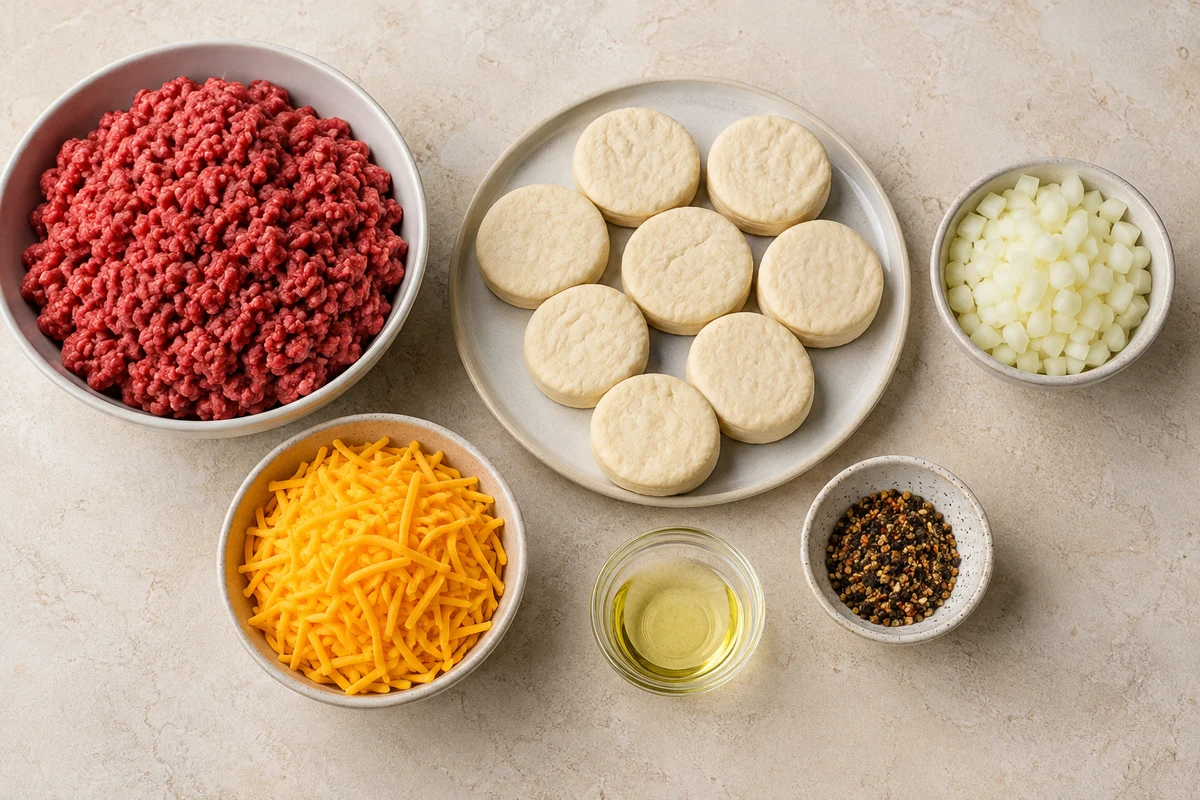 Ground beef, eight biscuits, chopped onion, cheddar, oil, and Montreal steak seasoning