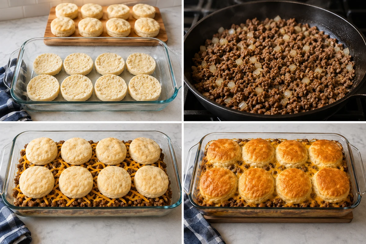 Four stages showing biscuit bottoms pre-baked, onion and beef cooked, cheddar and biscuit tops layered, and bake golden