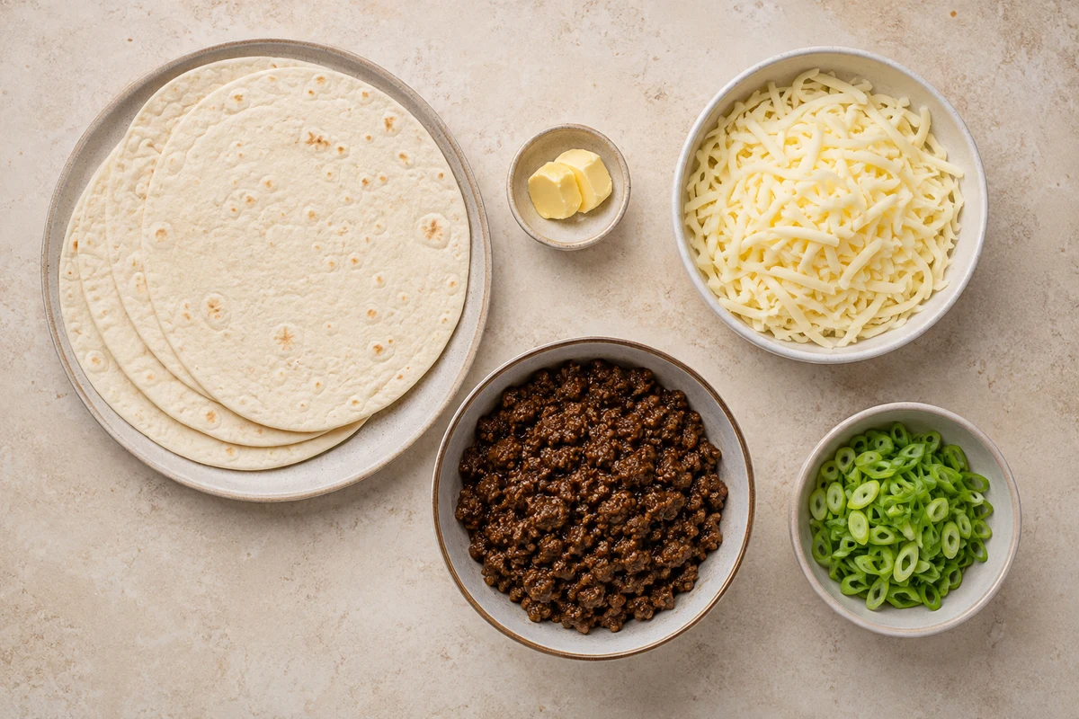 Four flour tortillas, butter, mozzarella, prepared Korean beef, and sliced green onion