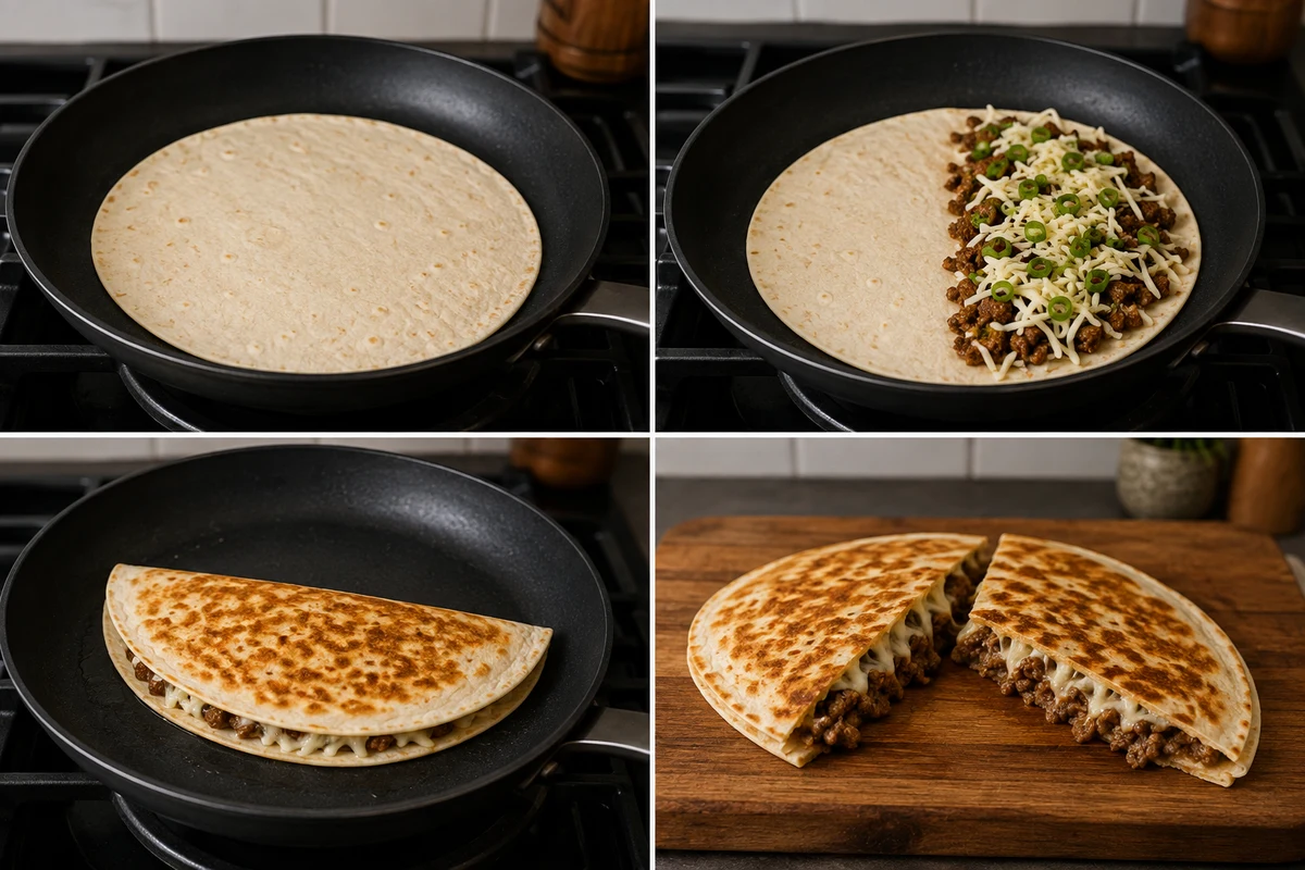 Four stages showing a buttered tortilla filled with Korean beef and mozzarella, folded, browned, and cut