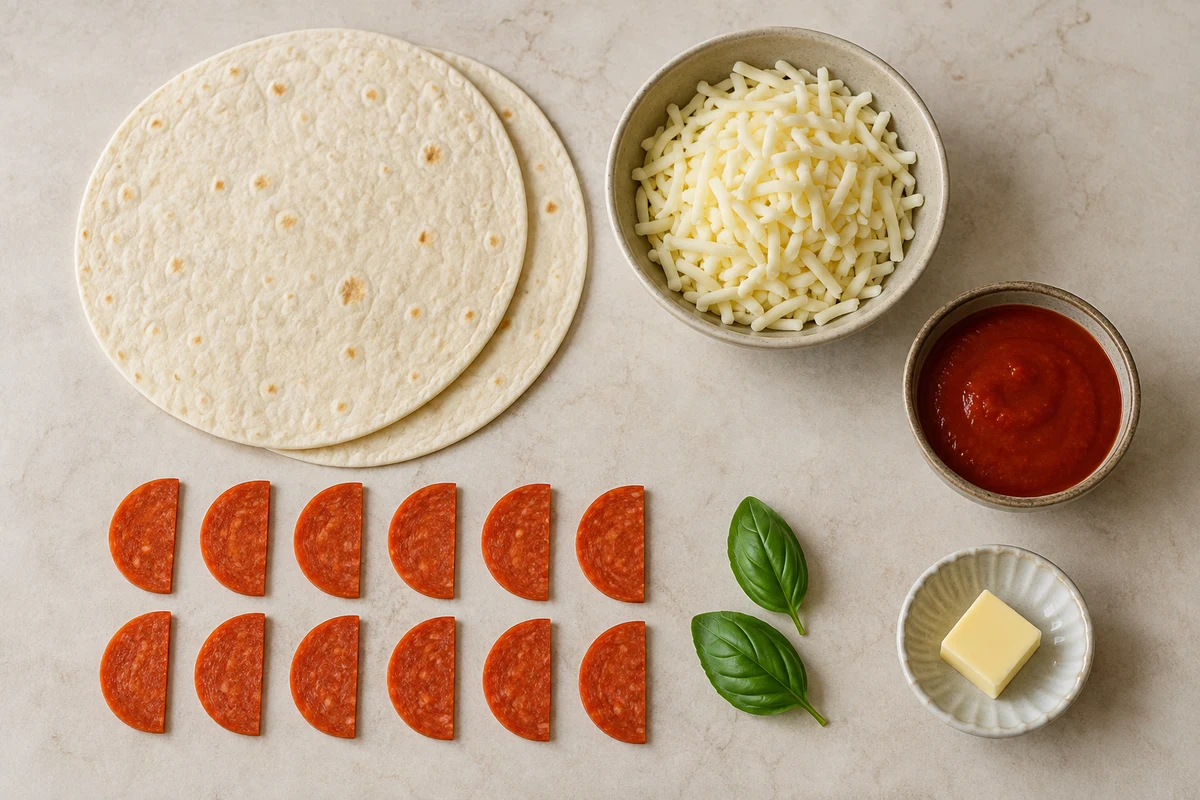 Two flour tortillas, mozzarella, pizza sauce, six halved pepperoni slices, butter, and two basil leaves