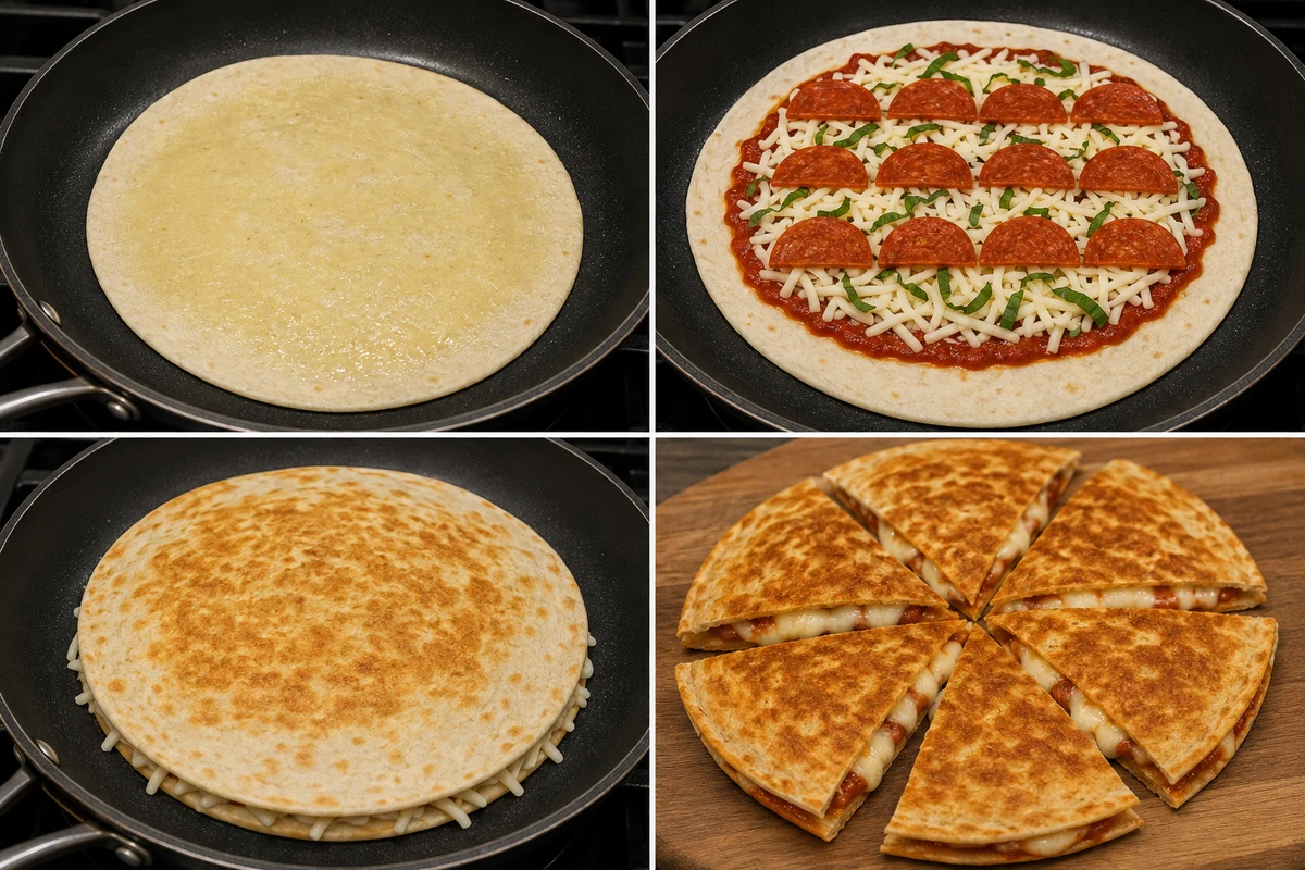 Four stages showing a buttered tortilla layered with pizza fillings, topped, browned, flipped, and cut
