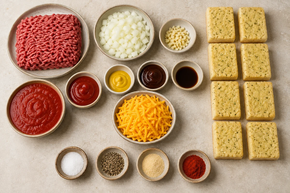 Ground beef, onion, garlic, sloppy joe sauces, four seasonings, eight garlic breads, and cheddar