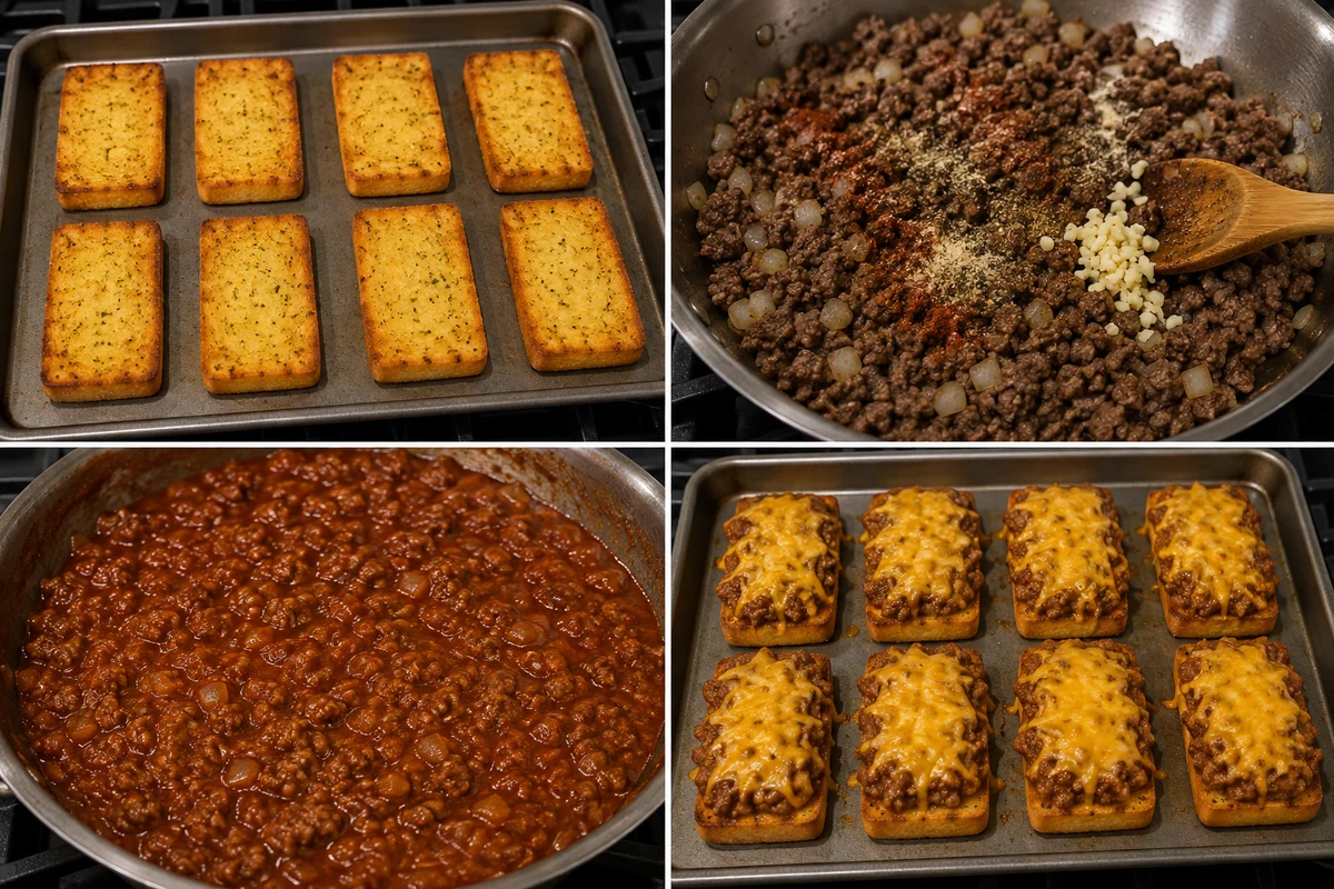 Four stages showing garlic bread baked, seasoned beef browned, sloppy joe sauce simmered, and cheddar melted on eight pieces