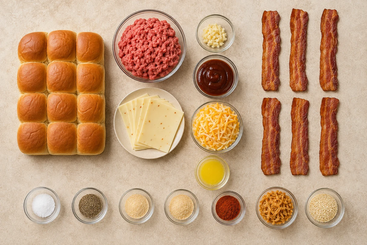 Twelve sweet rolls, beef, garlic, barbecue sauce, two cheeses, six bacon strips, butter, seasonings, onions, and sesame