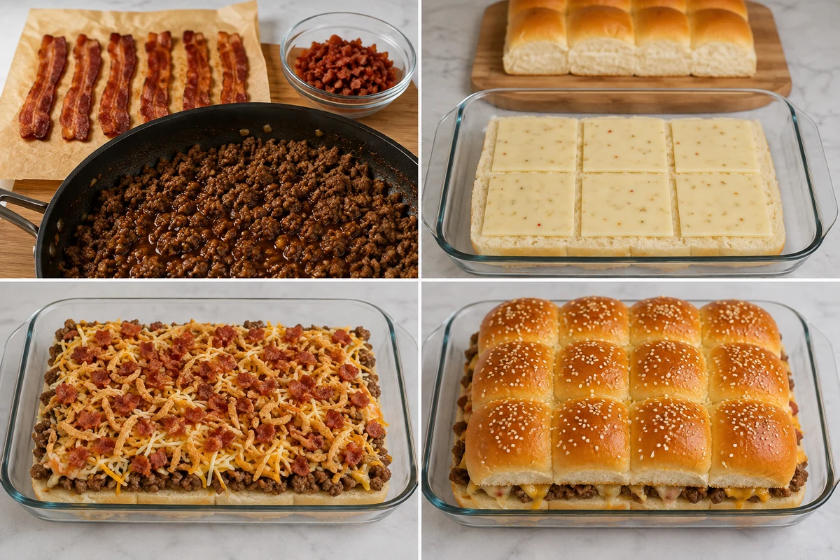 Four stages showing bacon and BBQ beef cooked, rolls and pepper jack layered, fillings added, and twelve sliders baked