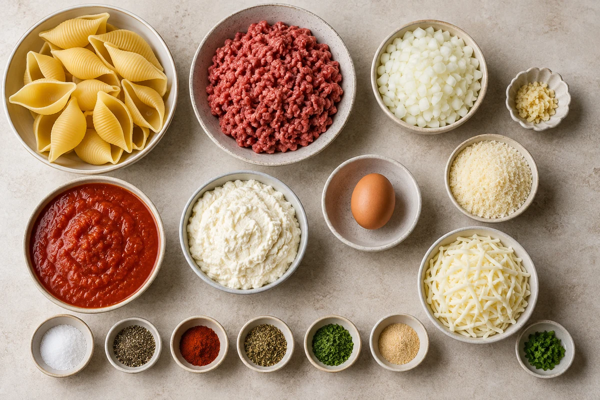Jumbo shells, ground beef, onion, garlic, marinara, ricotta, egg, Parmesan, mozzarella, and seasonings