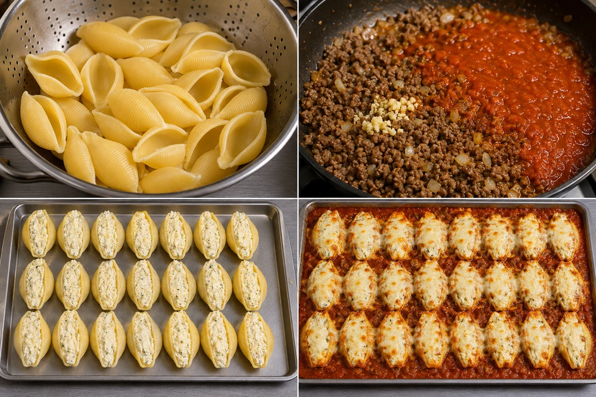 Four stages showing jumbo shells cooked, beef marinara made, 21 shells filled, and shells baked with mozzarella