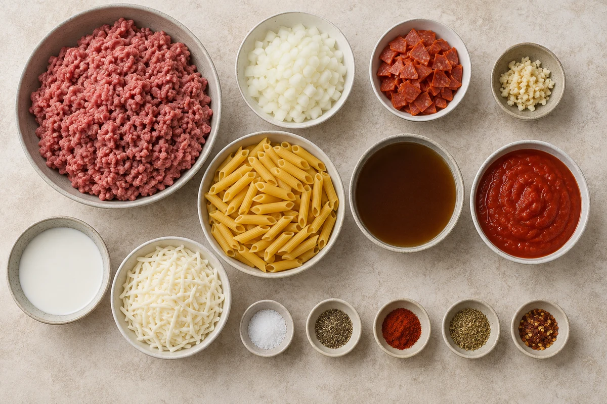 Ground beef, onion, chopped pepperoni, garlic, penne, broth, marinara, milk, mozzarella, and seasonings