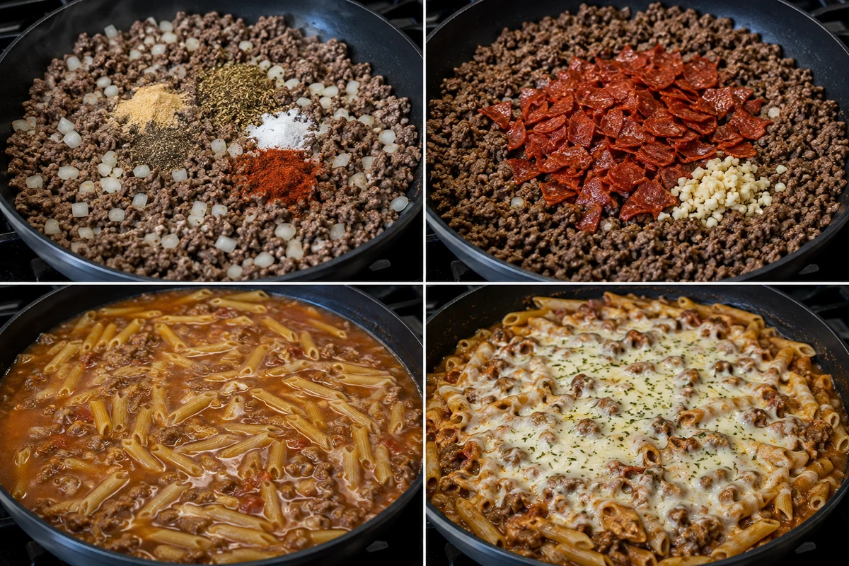 Four stages showing beef and onion browned, pepperoni and garlic added, penne simmered, and mozzarella melted