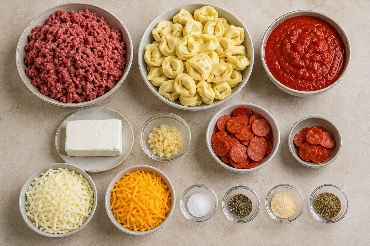 Ground beef, frozen cheese tortellini, marinara, cream cheese, garlic, mini pepperoni, two cheeses, and seasonings