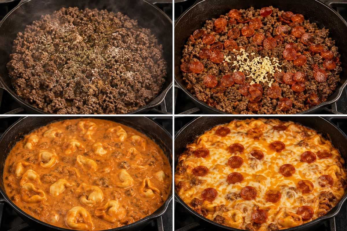 Four stages showing beef seasoned, mini pepperoni and garlic cooked, creamy marinara and frozen tortellini simmered, and cheese melted