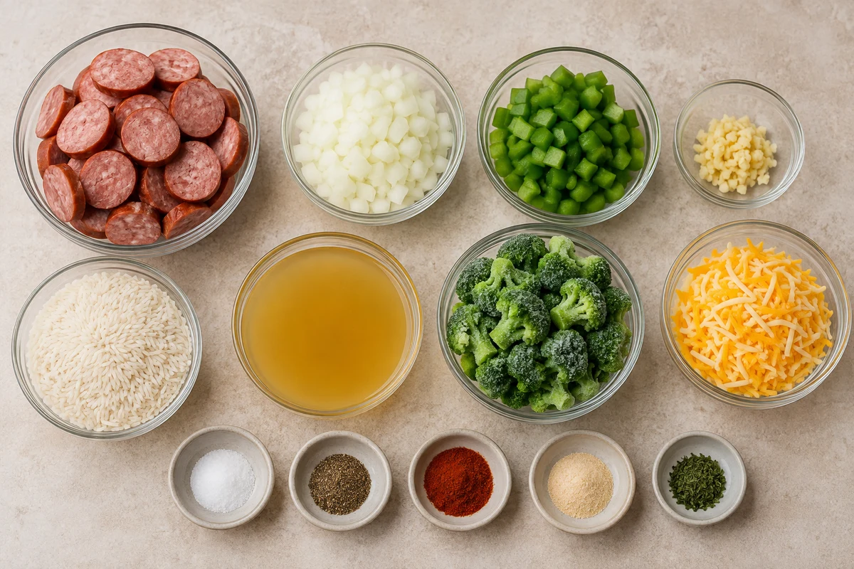 Smoked sausage, onion, green pepper, garlic, rinsed rice, broth, frozen broccoli, Colby Jack, and seasonings