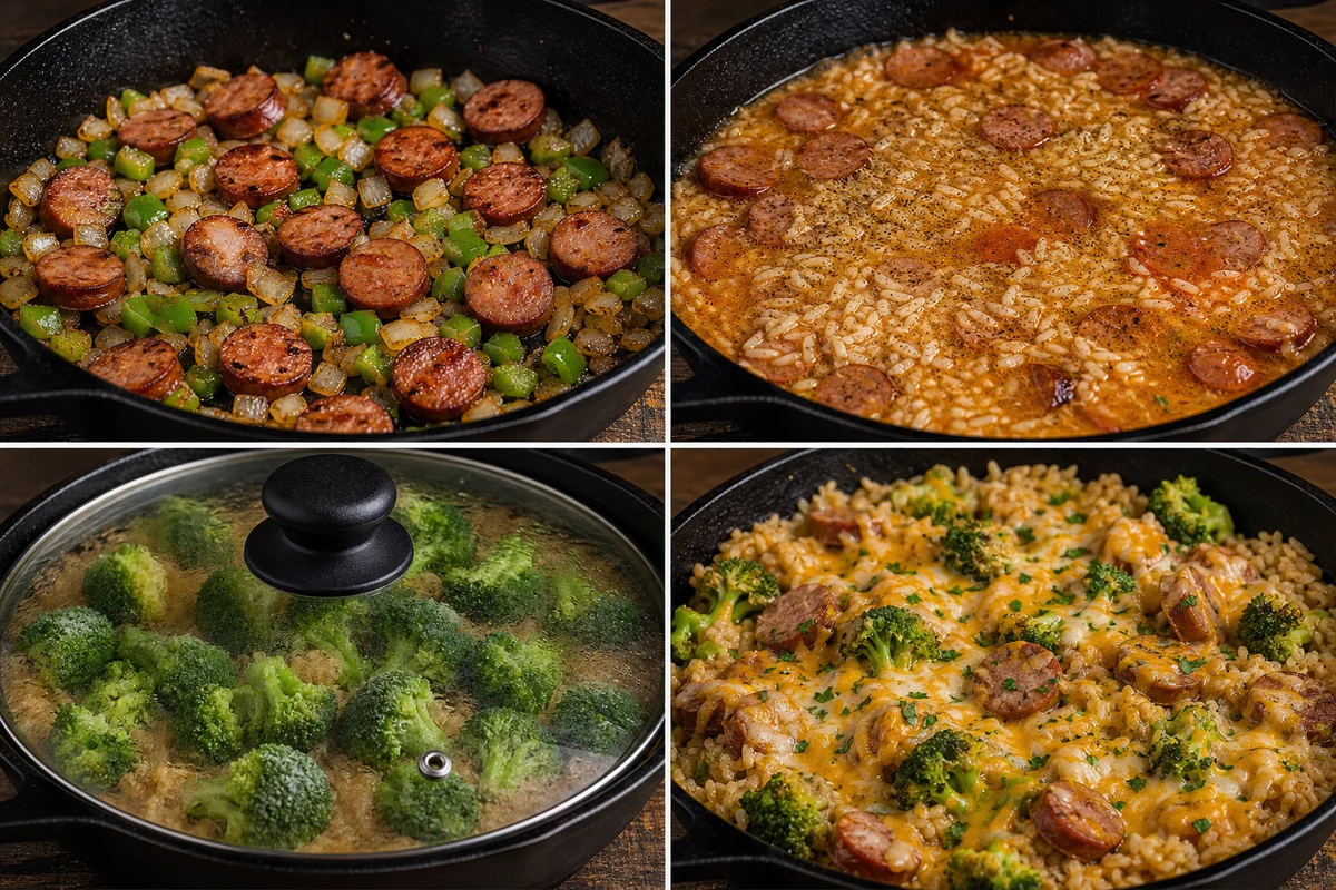 Four stages showing sausage and vegetables browned, rice and broth added, broccoli steamed halfway, and cheese melted