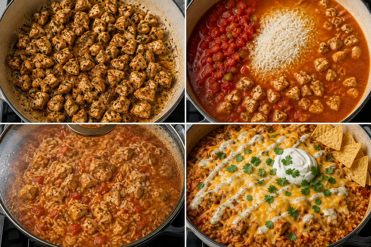 Four stages showing seasoned chicken cooked, rice and tomato liquids added, the covered rice simmered, and Colby Jack melted over the skillet